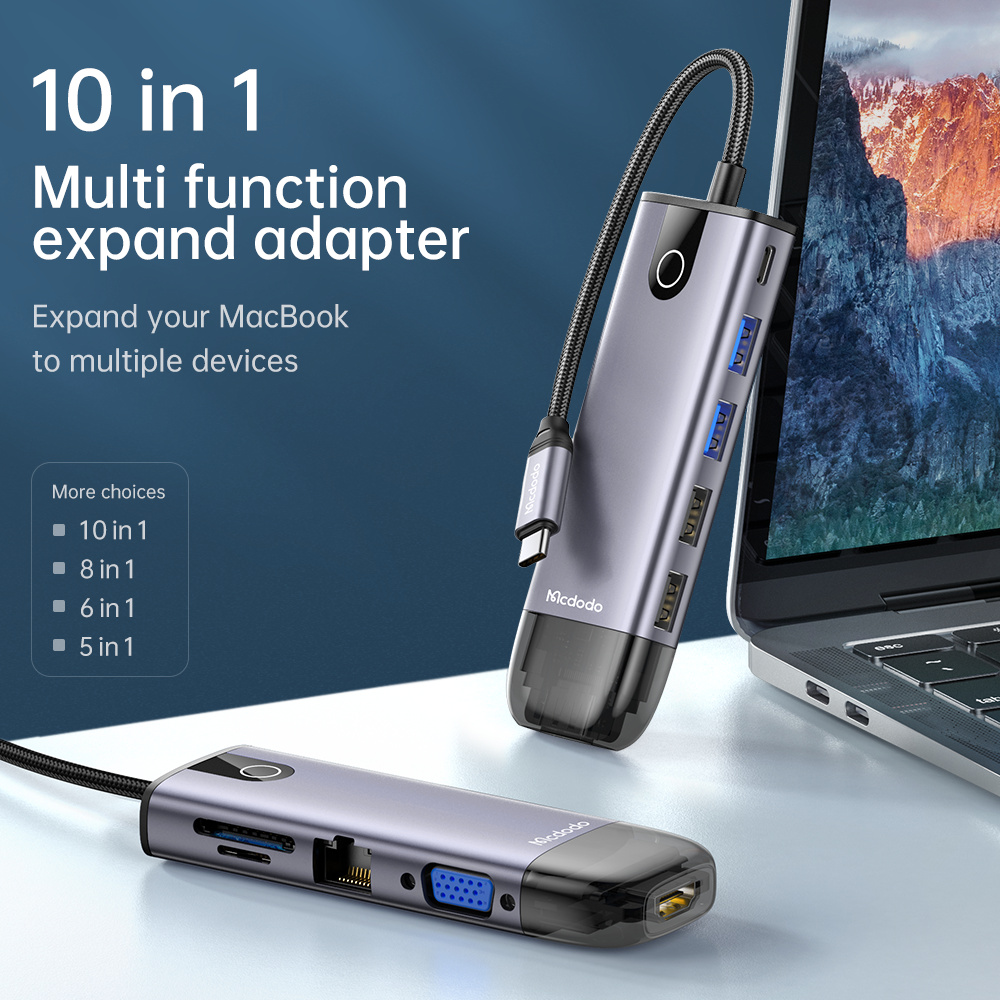 Mcdodo 10 in 1 HUB  HDMI; USB-A 2.0*2; USB-A 3.0*2; VGA USB-C(PD 100W); Gigabit LAN; SD/TF Card Slot