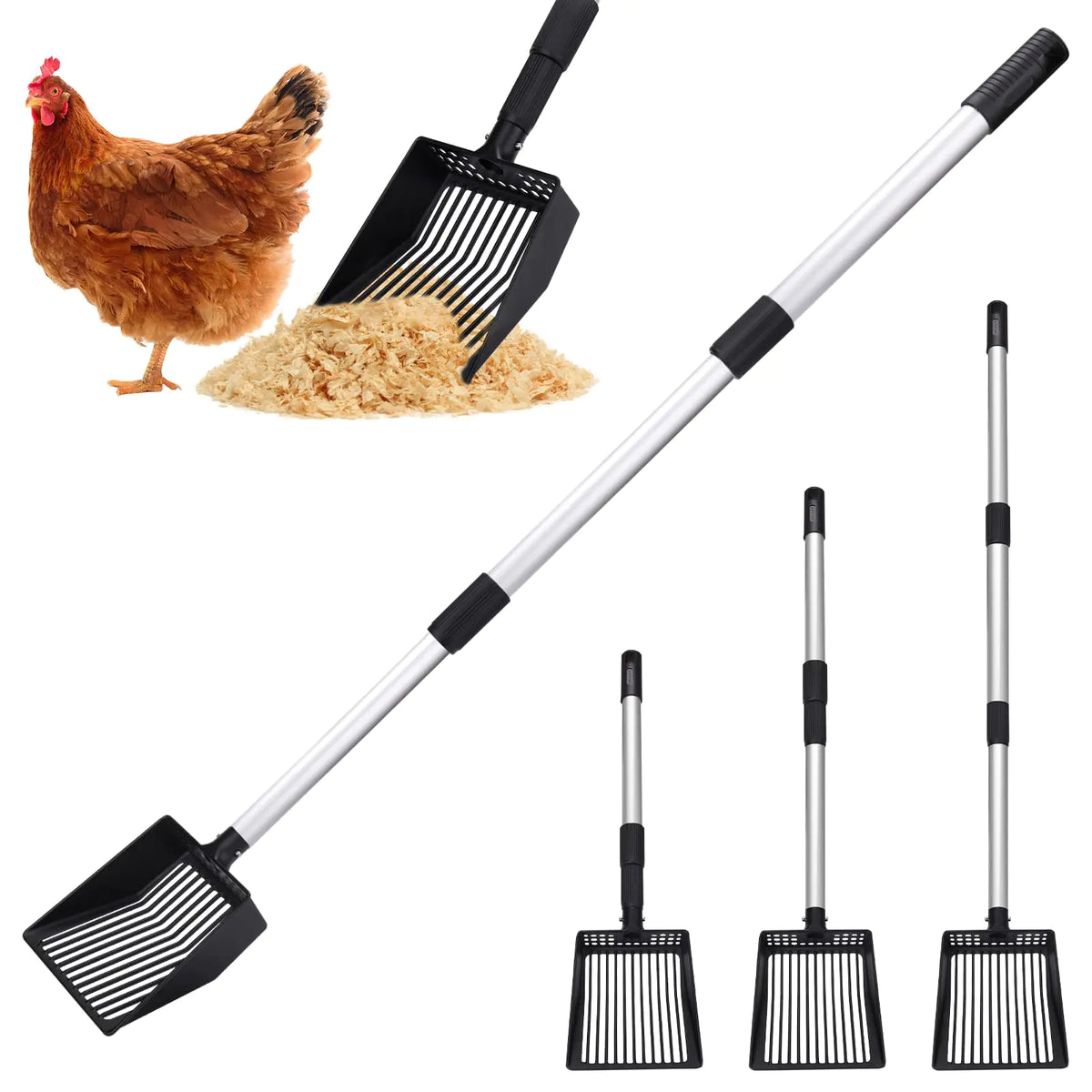 BABORUI Metal Chicken Poop Scooper Stretchable Litter Scooper for Chicken(21 to 39.5 Inch) Detachable Stainless Steel Chicken Coop Cleaning Tools Heavy Duty Poop Shovel for Chicken Coop Accessories