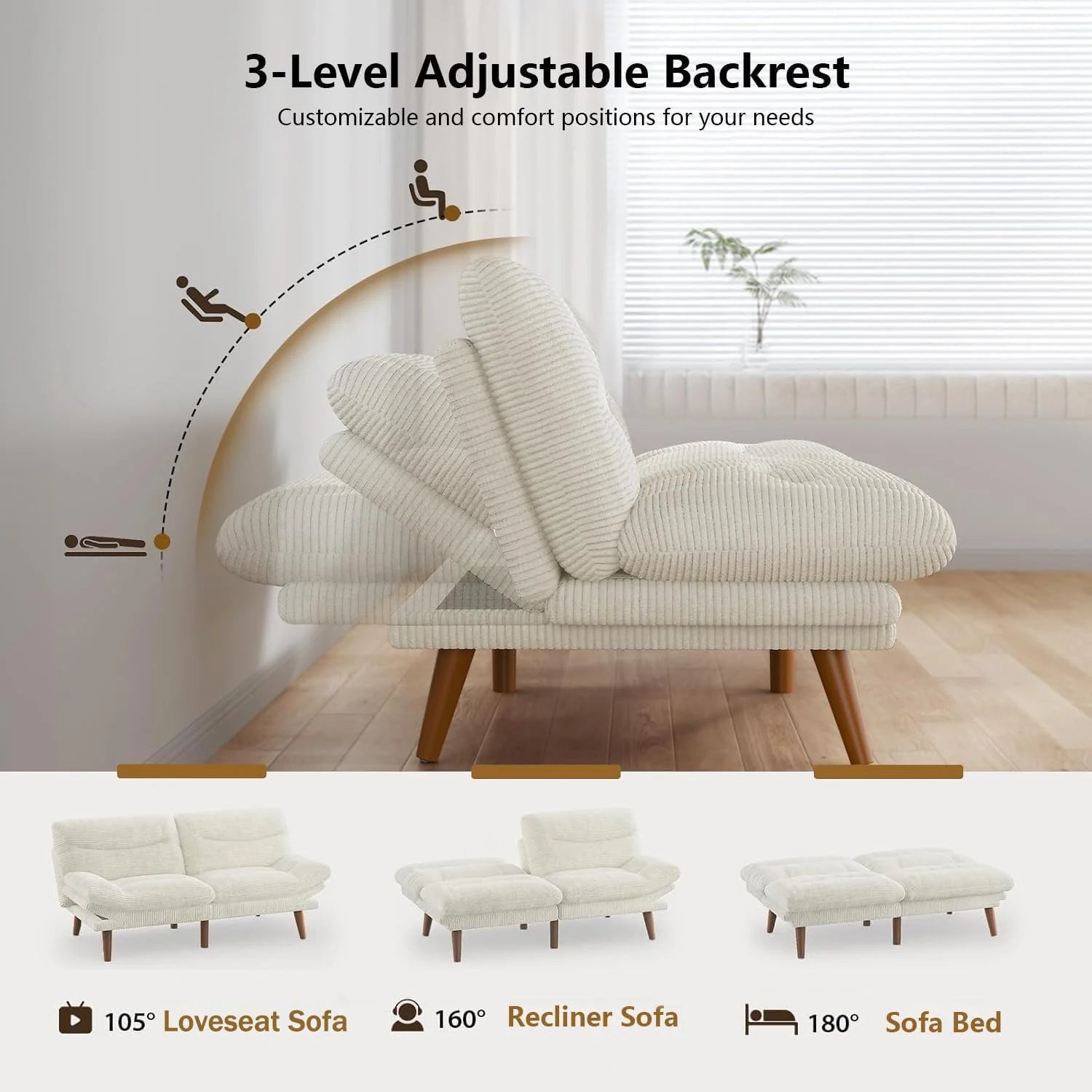 Convertible Futon Sofa Bed, 66 Inch Corduroy Futon Sofa Recliner Sofa Bed for Small Spaces, Playrooms or Offices
