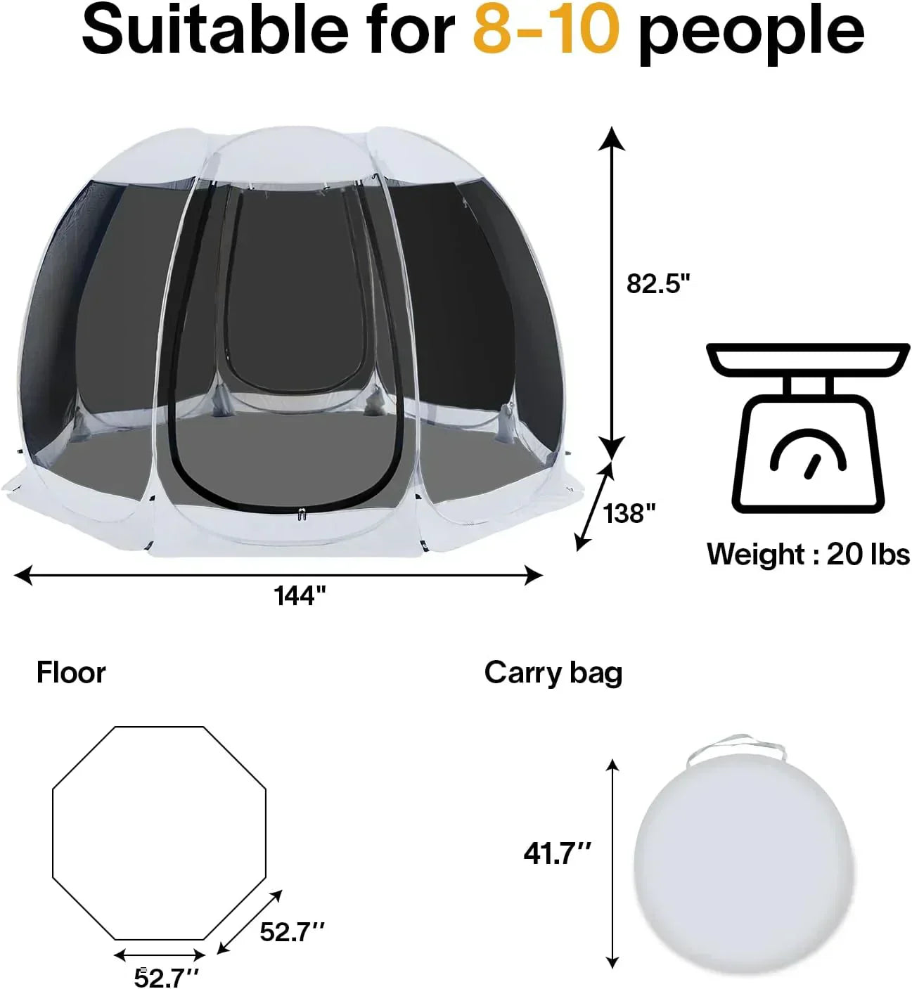 Screen gazebo sleeps 6-10-15 people Igloo-style canopy tent mosquito net on the sides Perfect