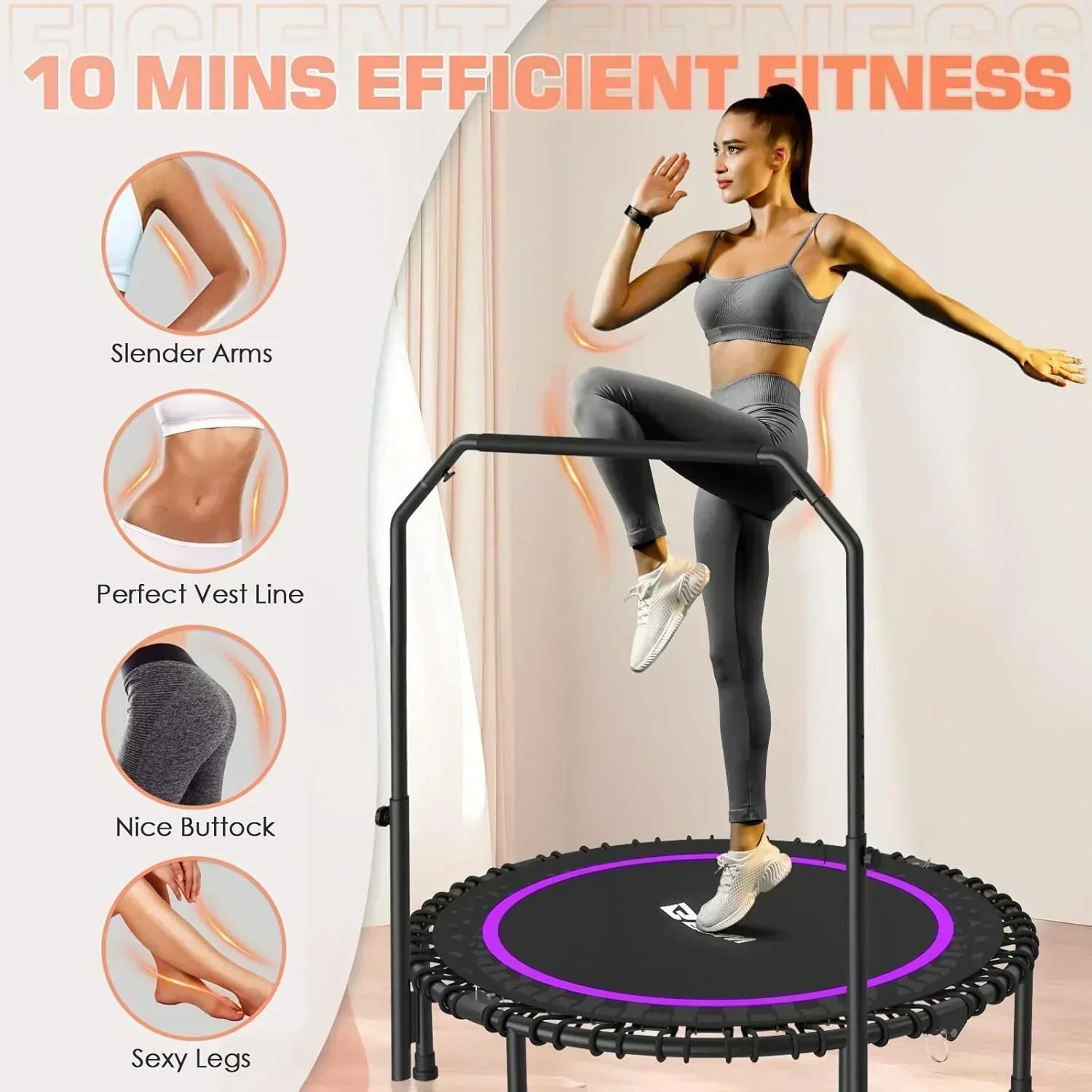 BCAN 450/550 LBS Foldable Mini Trampoline Fitness Trampoline Bungees Adjustable Foam Handle