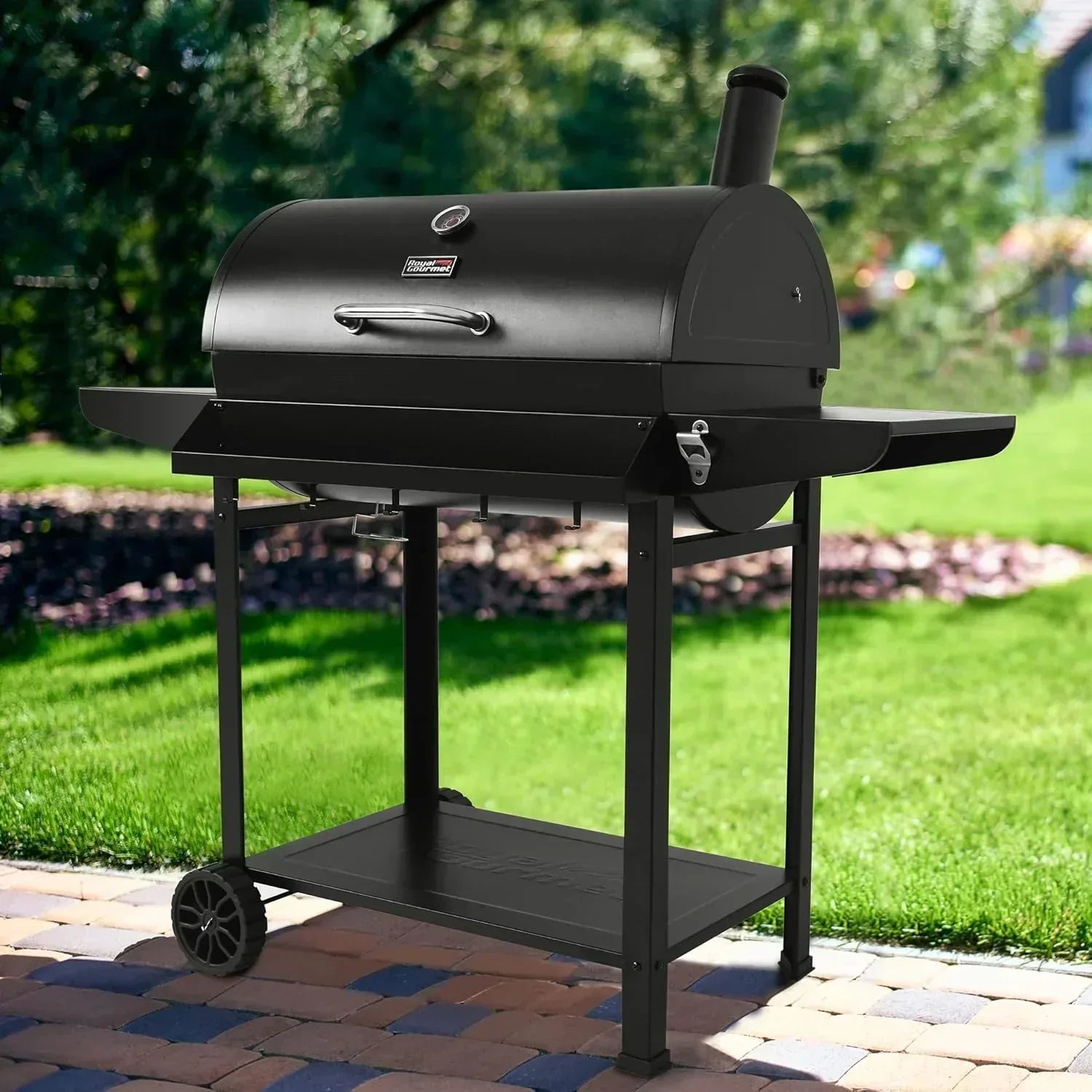 Royal Gourmet CC1830T 30-Inch Barrel Charcoal Grill Warming Rack Front Storage Basket BBQ Grill