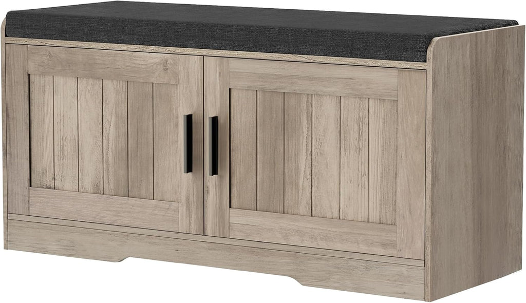 2-Tier Storage Bench, Shoe Bench with Thickened Padded Seat Cushion, Entryway Bench with 4 Doors, Adjustable Shelf