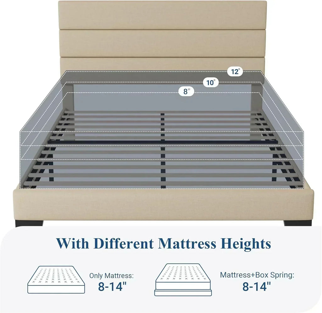 Allewie King size platform bed frame with velvet upholstered headboard and planks