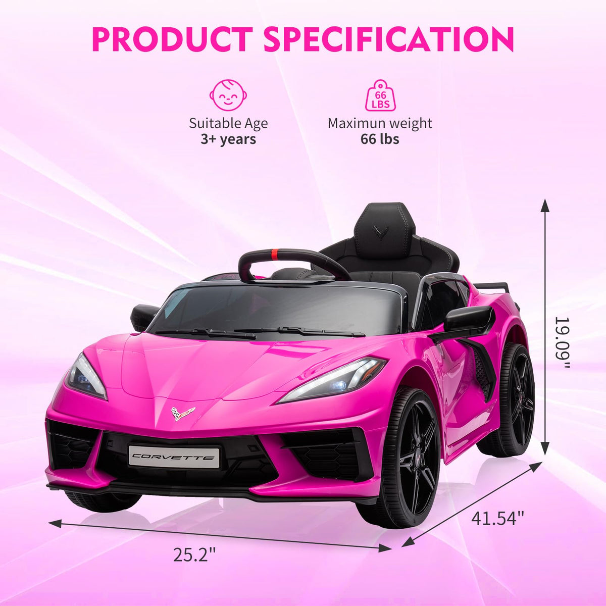 12V Kids Ride on Car Licensed Corvette Battery Powered Car Toddles Electric Sports Car Toy with Remote Control, Visual Dashboard, LED Lights, Music, Gifts for Boys Girls, Rose Red