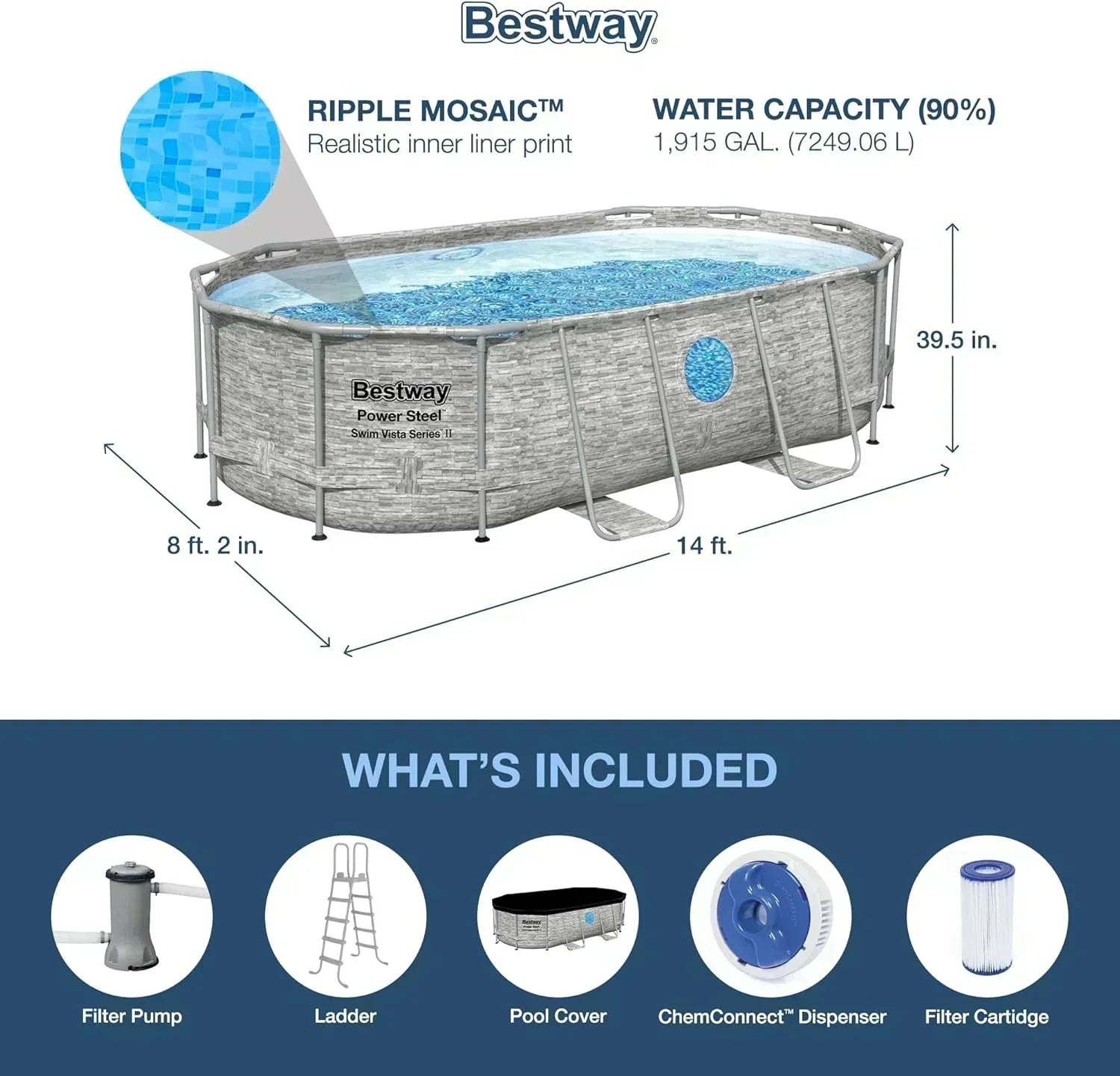 Power Steel Swim Vista Series II 14' x 8' 2 x 39.5 Above Ground Outdoor Swimming Pool Set