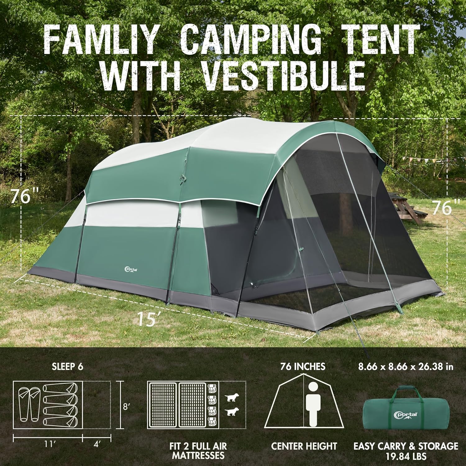 PORTAL 6/8/10 Person Family Camping Tent with Screen Room Water Resistant Big Tunnel Tent