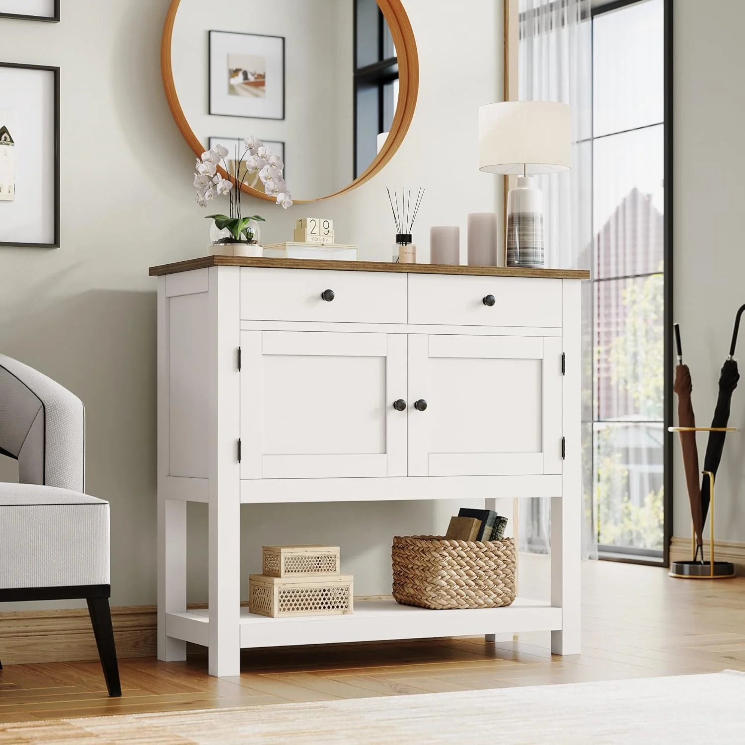 Farmhouse style console table coffee bar, entry table with storage rack, sofa table buffet sideboard