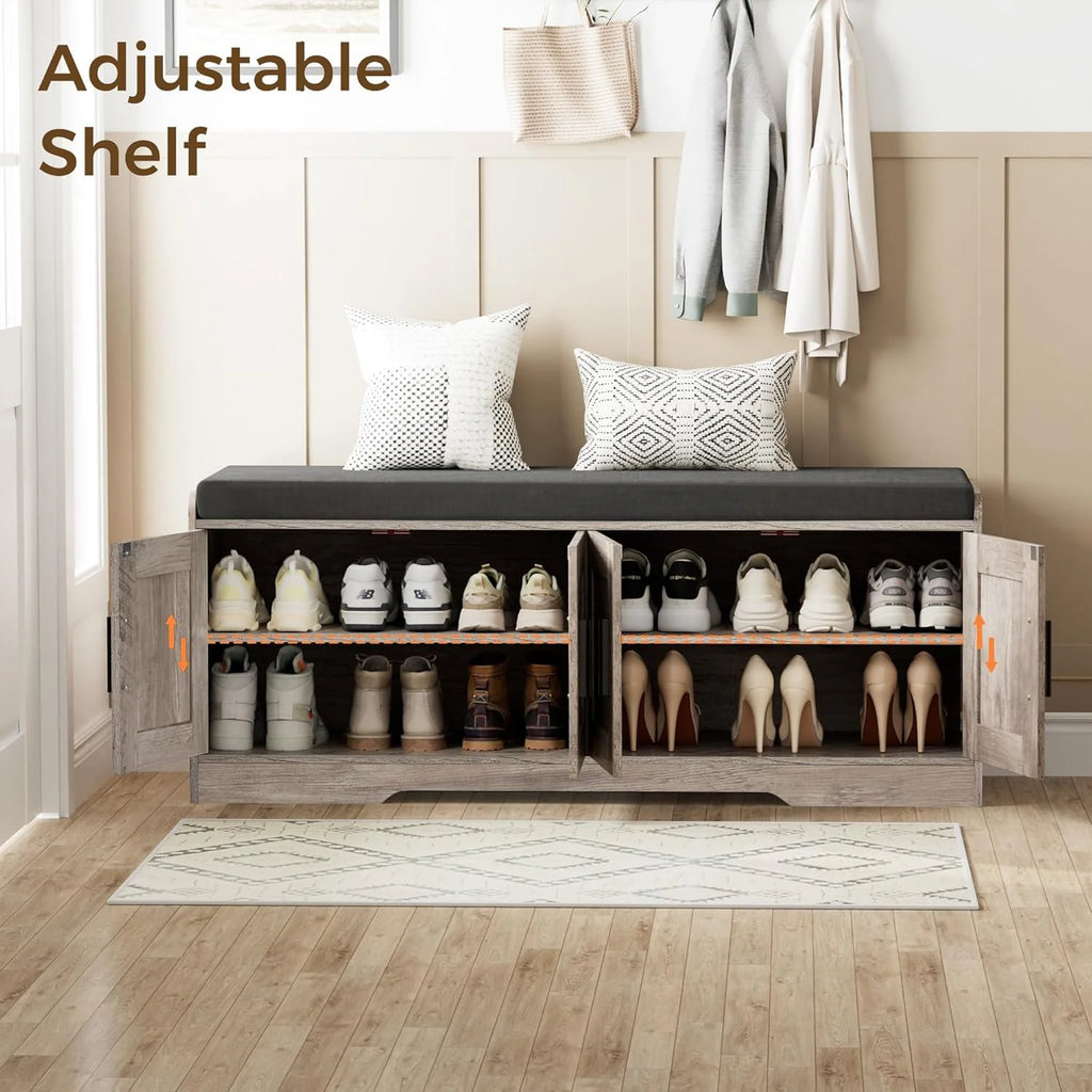2-Tier Storage Bench, Shoe Bench with Thickened Padded Seat Cushion, Entryway Bench with 4 Doors, Adjustable Shelf, 13.8 D x 45.3 W x 18.5 H, for Entryway, Living Room, Bedroom, White