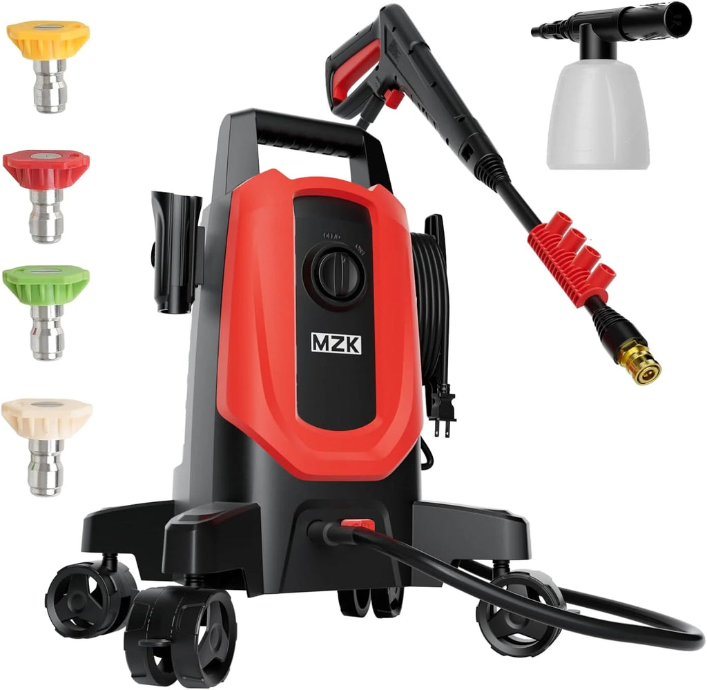 MZK electric high-pressure cleaner with 360�� quick-connect nozzle and easily replaceable foam cannon