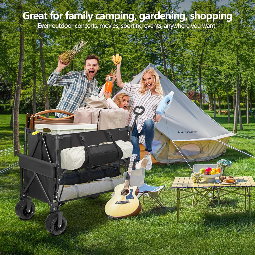 Double Decker Wagon Heavy Duty Collapsible, 600LBS 400L Capacity Foldable Utility Cart with Big Wheels