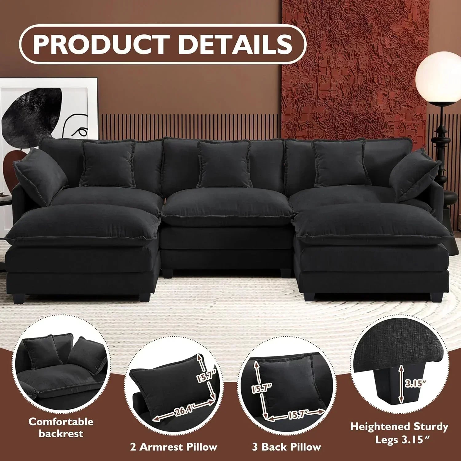 ihanherry 146-inch U-shaped modern sofa modular area cloud sofa