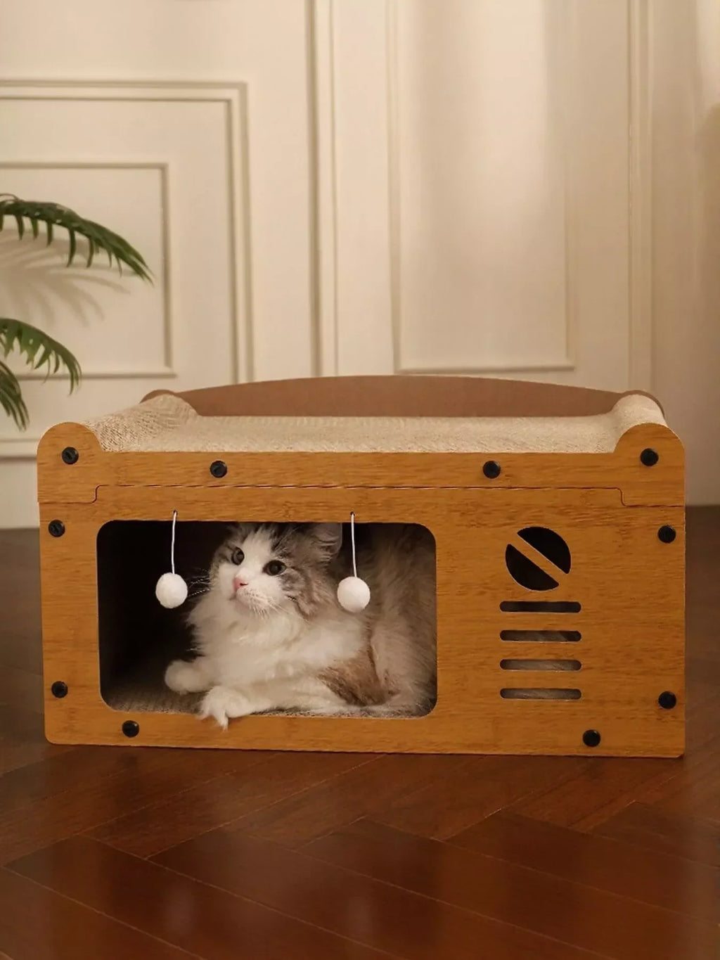 Wooden Cat House with Scratching Pad