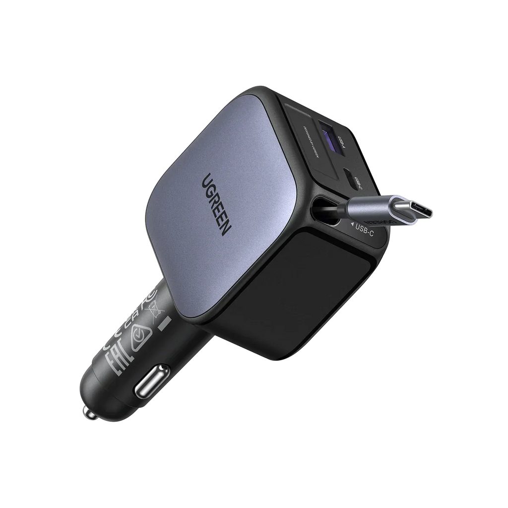 UGREEN 60W Cargador Coche Retráctil Carga Rápida con Cable Retractil