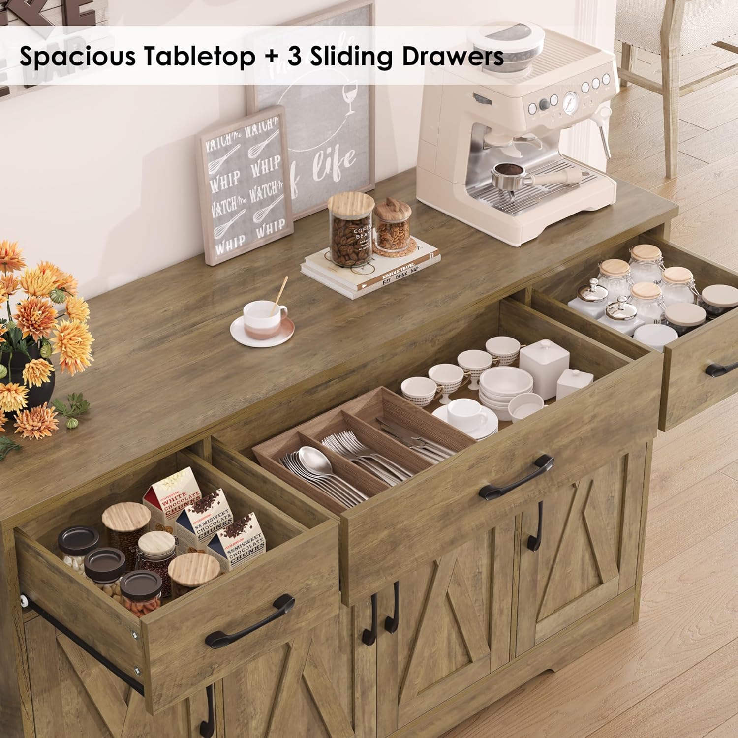 HOSTACK Buffet Cabinet with Drawers, 55 Large Sideboard Buffet Storage Cabinet with Shelves and Doors, Modern Farmhouse Coffee Bar Station Wood Kitchen Table for Kitchen, Dining Room, White/Rustic