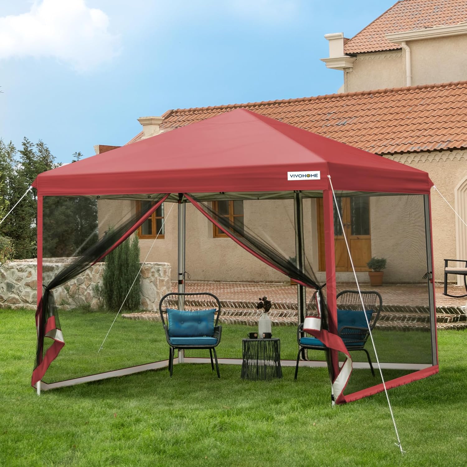 10x10ft Easy Pop-Up Canopy, Outdoor Screen Tent with Mosquito Netting, 2 Zipper Doors, and Roller Bag for Yard Camping Picnic Party Events, Beige