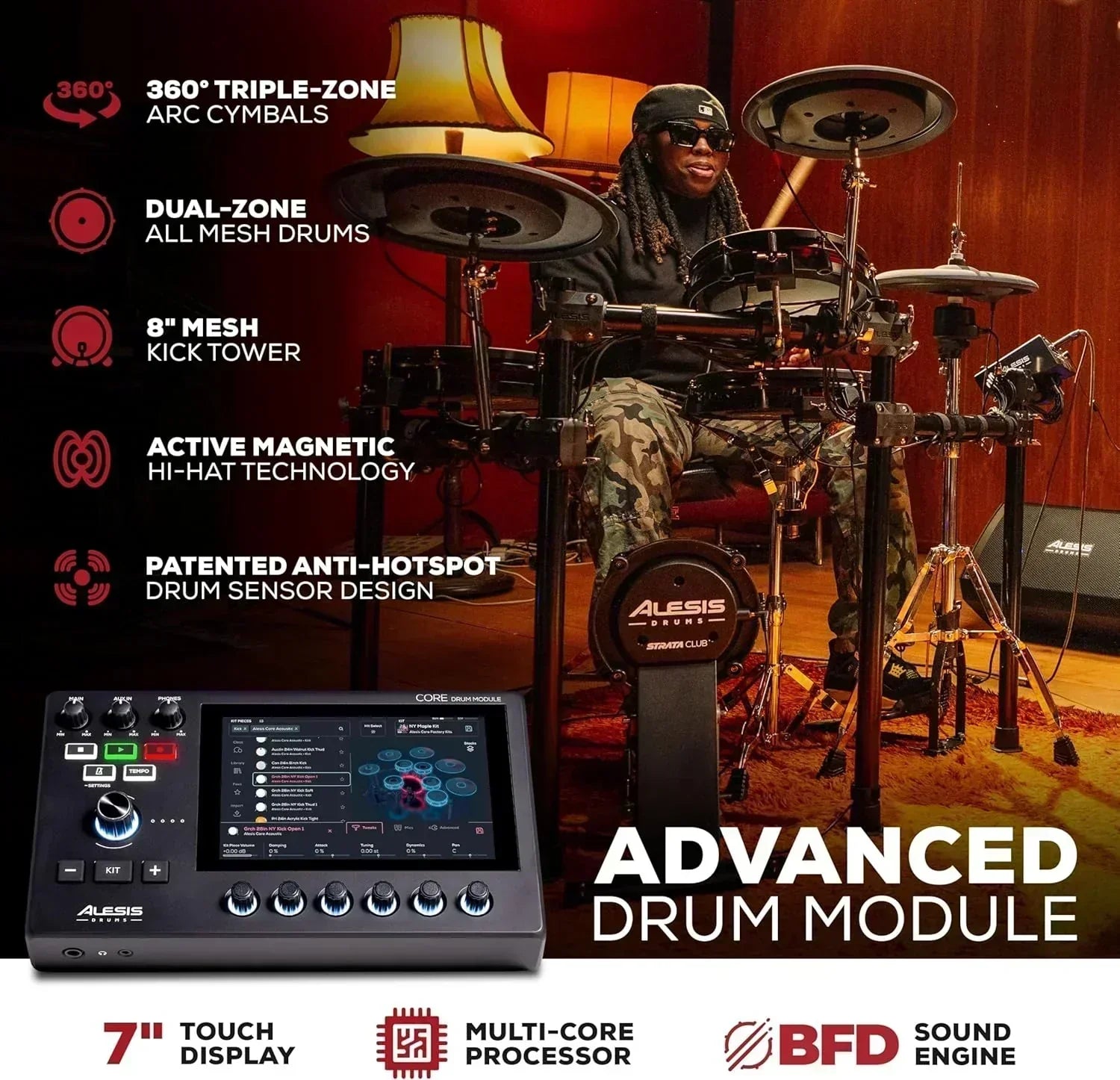 Alison Strata Prime Electronic Drum Set with Touch Screen Dual Area Grid Head