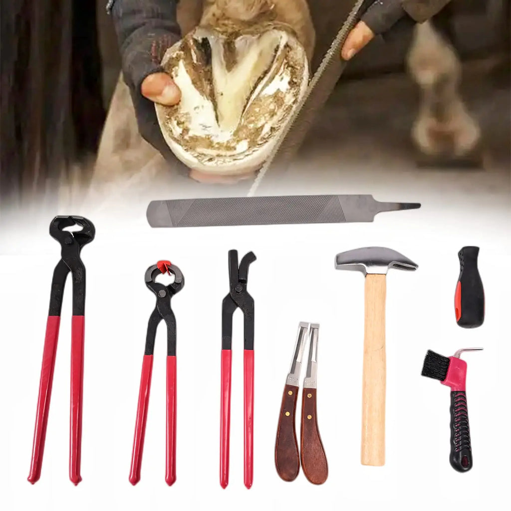lukar 8PCS Farrier Tools Kit Horse Hoof Trimmers Includes Horse Hoof Nipper Horseshoe Cutting Pliers Hoof Nail Clincher Hoof Hammer Hoof Knife Rasp File Horseshoe Brush