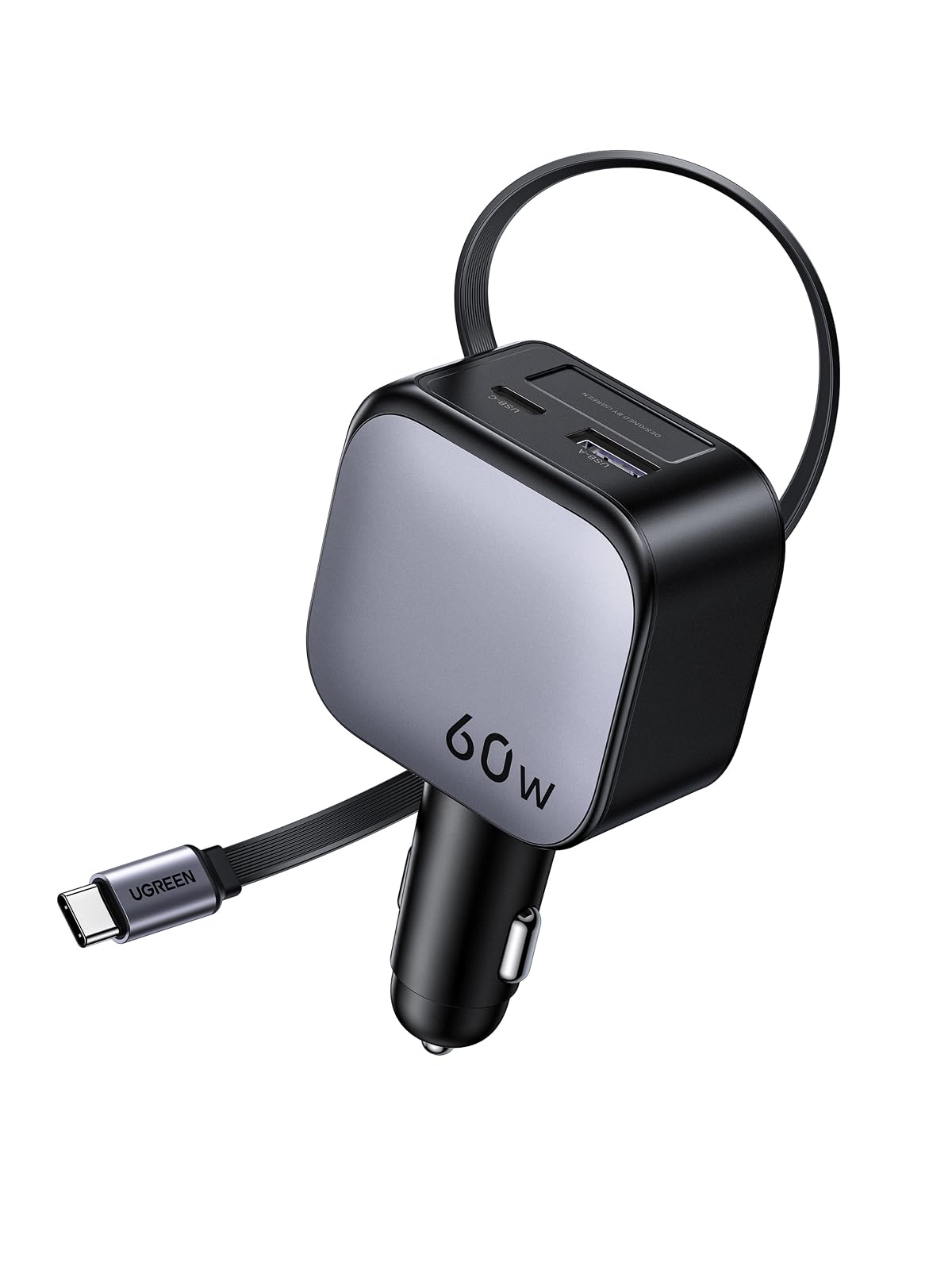 UGREEN 60W Cargador Coche Retráctil Carga Rápida con Cable Retractil