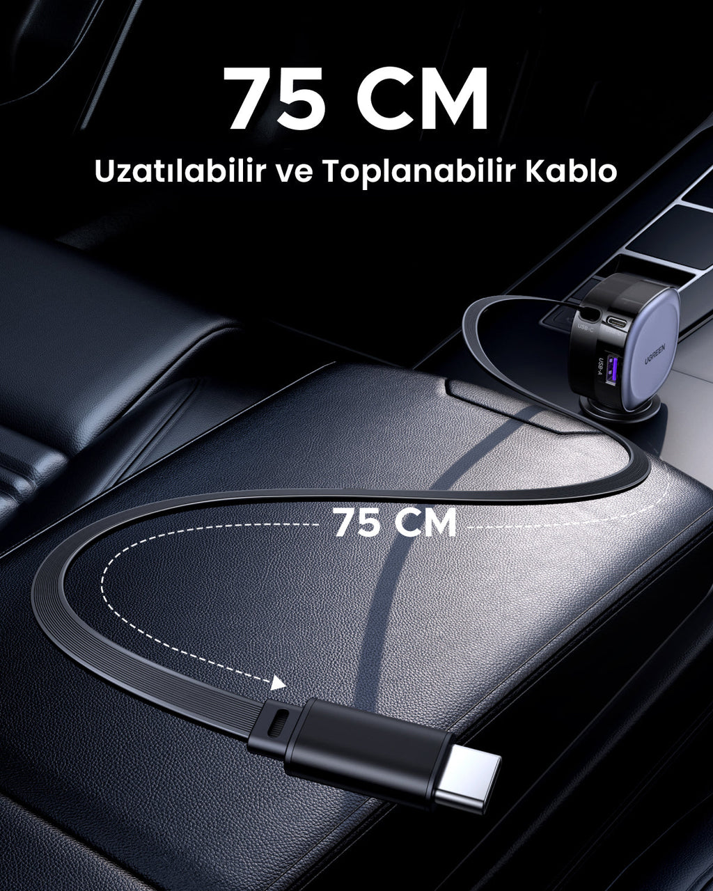 UGREEN 75W 2 Port Geri Çekilebilir Kablolu Araç Şarj Cihazı
