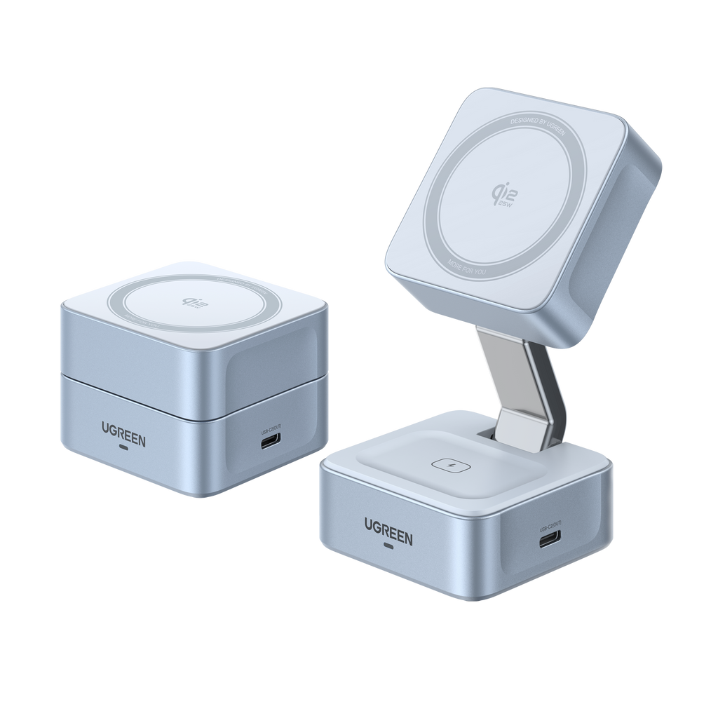 UGREEN MagFlow 2’si 1 Arada Manyetik Kablosuz Şarj Cihazı 25W (Katlanabilir Fişli)