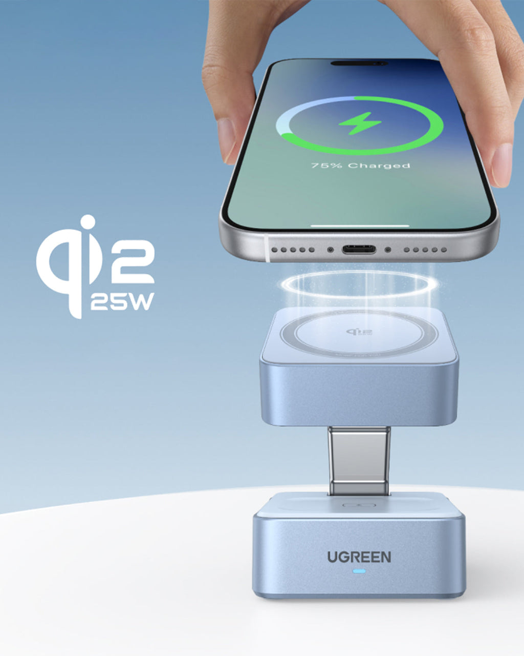 UGREEN MagFlow 2’si 1 Arada Manyetik Kablosuz Şarj Cihazı 25W (Katlanabilir Fişli)