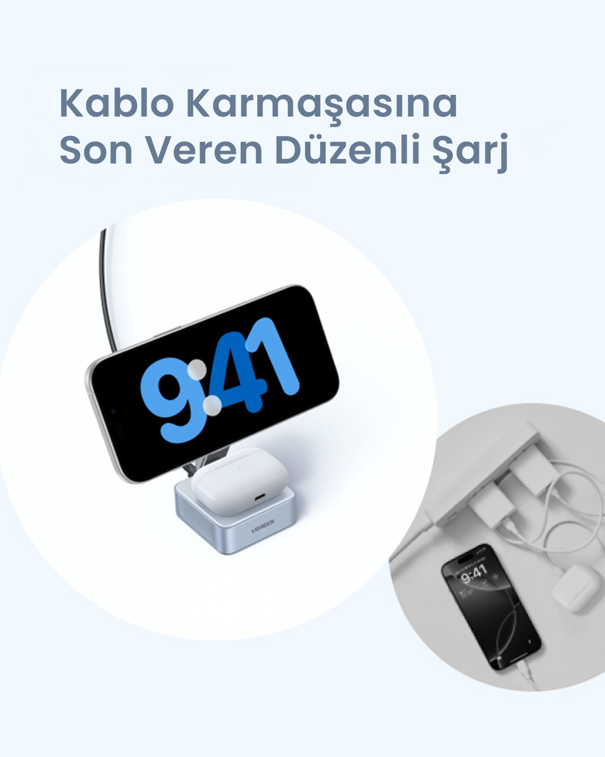 UGREEN MagFlow 2’si 1 Arada Manyetik Kablosuz Şarj Cihazı 25W (Katlanabilir Fişli)