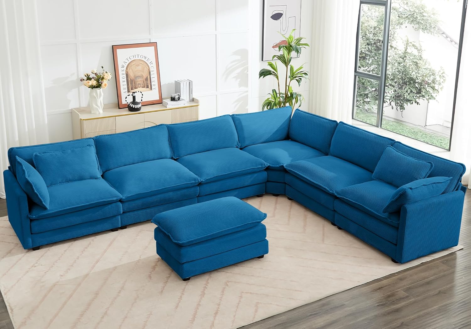ROWHY Oversized Modular Sectional Sofa with Movable Ottoman, 112 Inch 4 Seat Modern Corduroy Sofa Set, Convertible L Shaped Couch for Living Room and Office, Beige