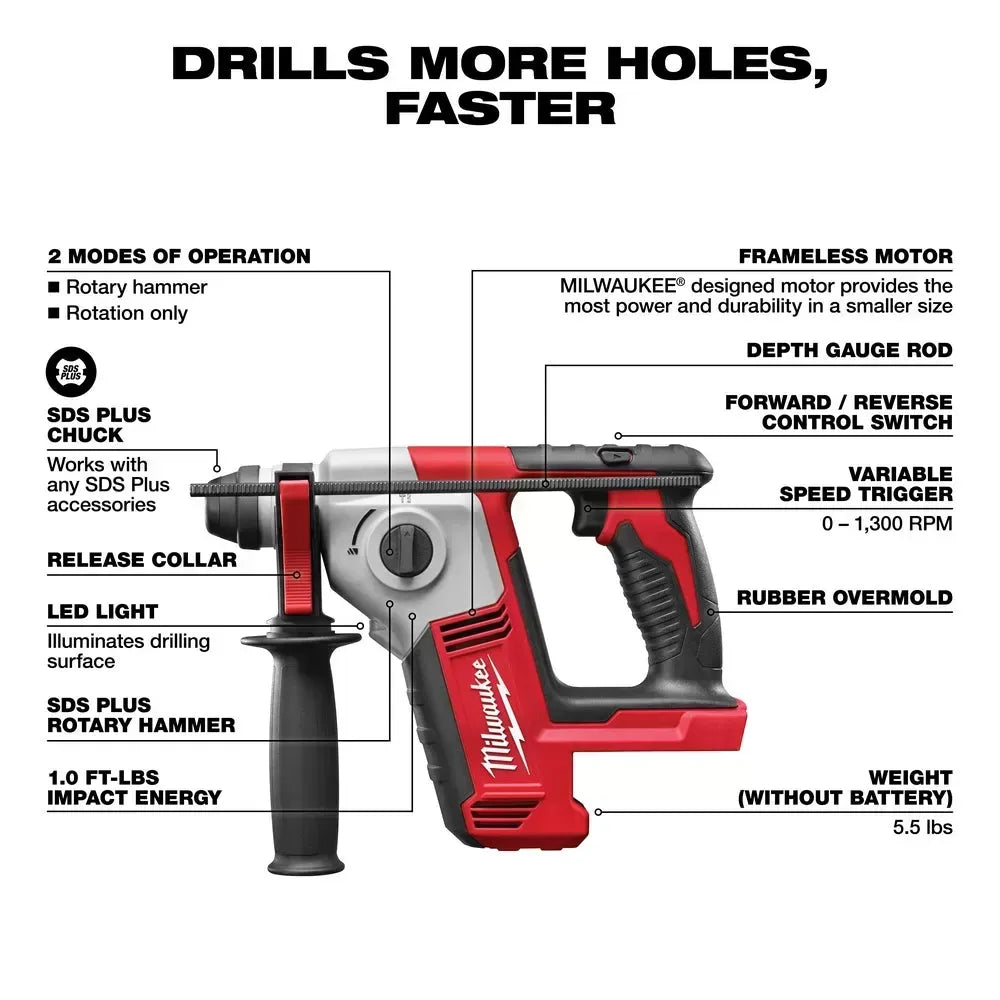 Milwaukee 2612-20 M18 18V 5/8 SDS Plus Rotary Hammer w/ Depth Rod - Bare Tool