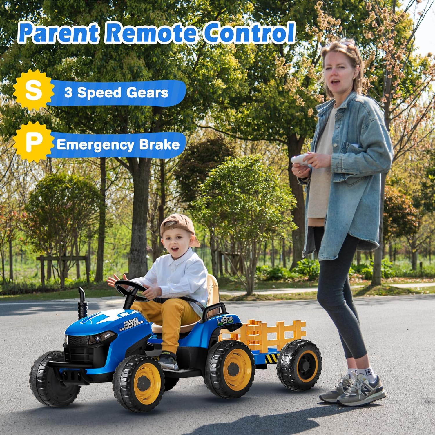 24V Ride On Tractor w/Tiltable & Detachable Trailer, 2x65W Motors, EVA Tires, Remote Control, Bluetooth, Shifter, Music, Electric Car for Kids, Green