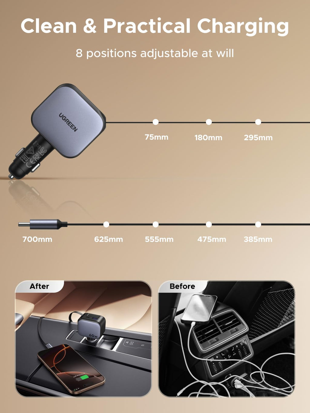 UGREEN Nexode Sạc Ô Tô 60W kèm Cáp USB-C Thu Gọn