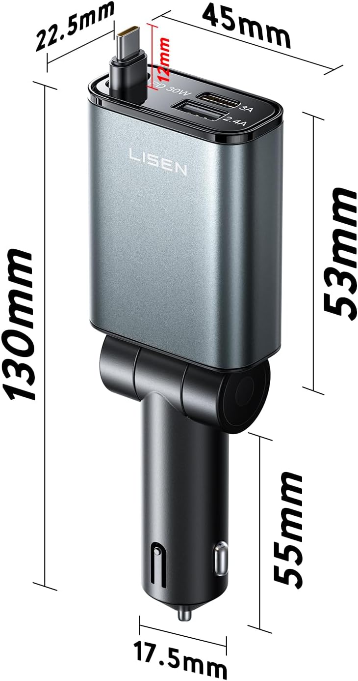 LISEN Retractable USB C Fast Car Charger