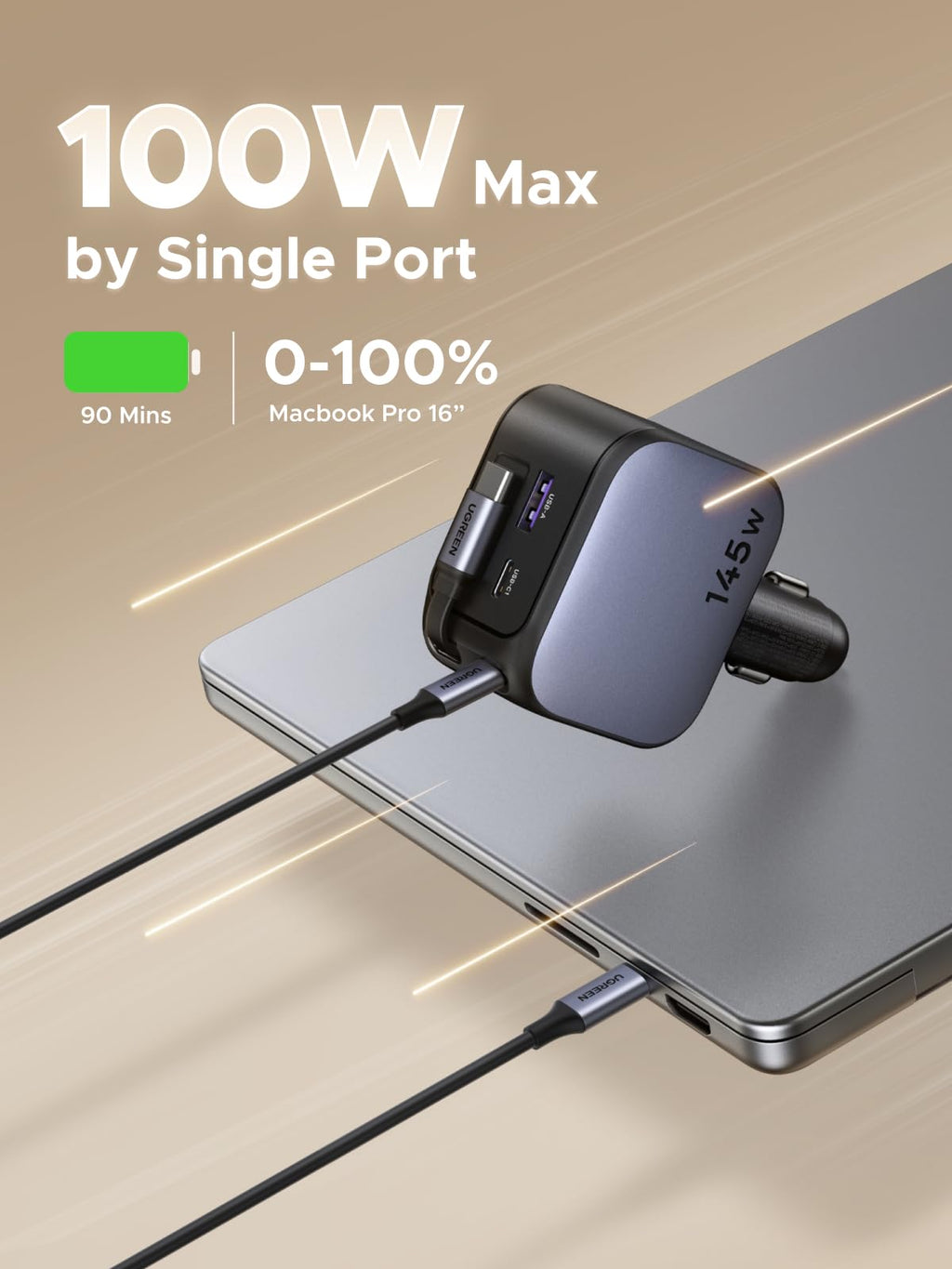 UGREEN Nexode Sạc Ô Tô 145W kèm Cáp USB-C Thu Gọn