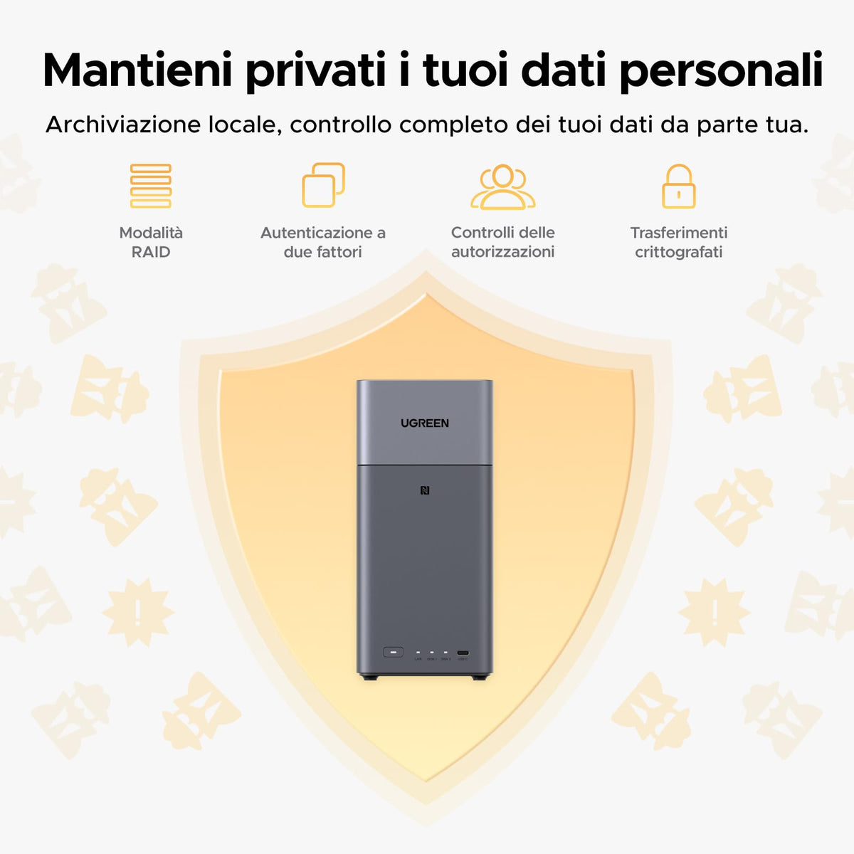 UGREEN NASync DH2300 NAS desktop a 2 alloggiamenti, LAN 1 GbE, 4 GB RAM, connessione NFC One-Touch