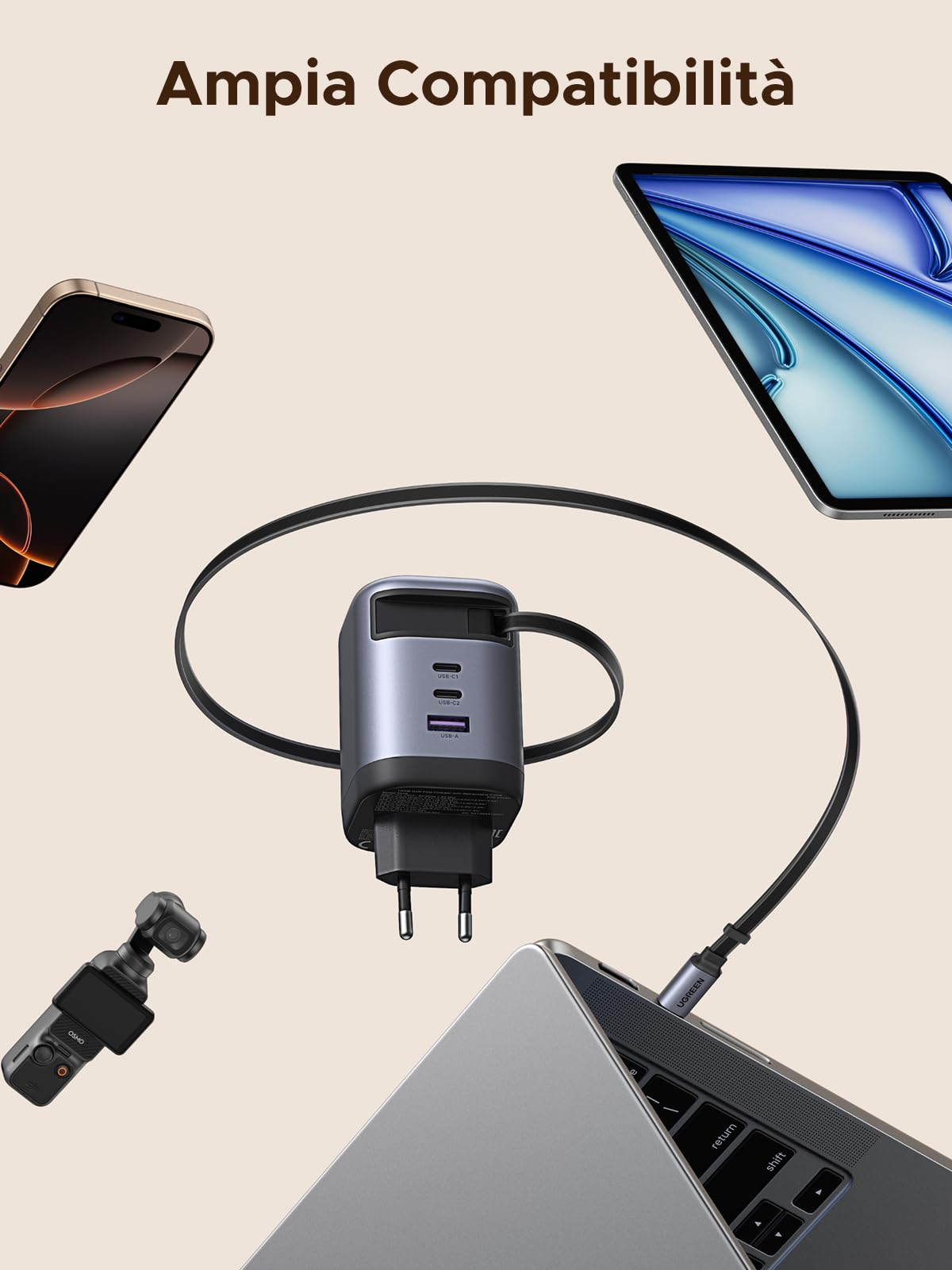 UGREEN Nexode Caricatore USB C 100W GaN con Cavo Retrattile