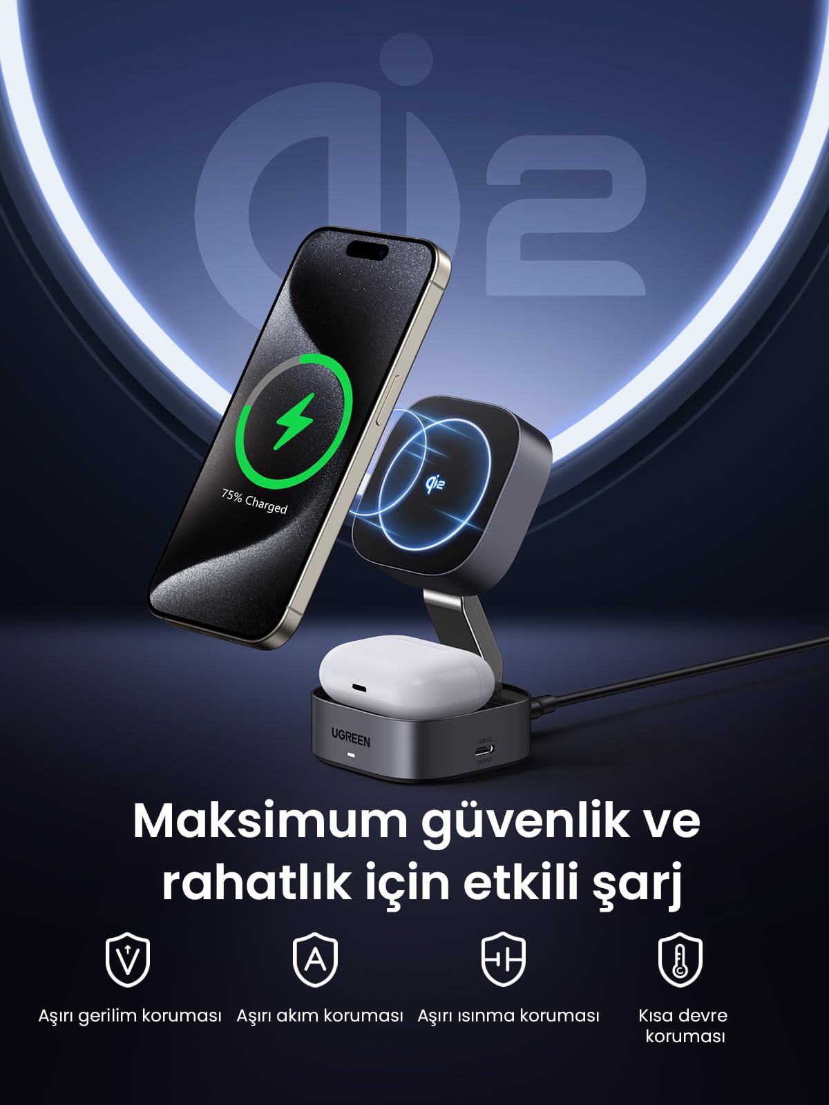 UGREEN 2’si 1 Arada Manyetik Kablosuz Şarj Cihazı Qi2 25W (Katlanabilir Fişli)