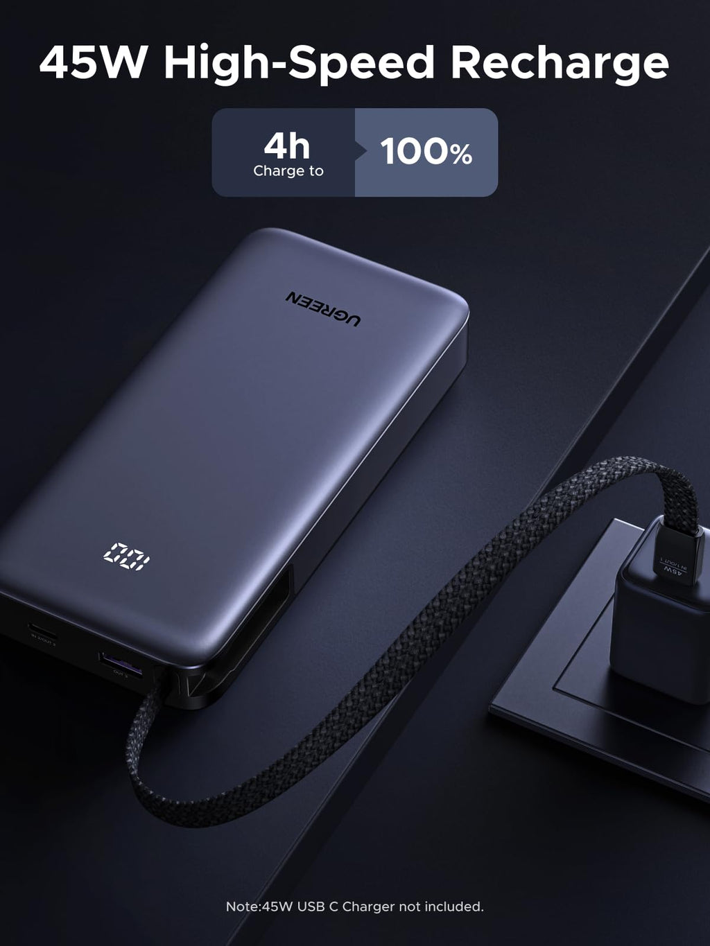 UGREEN พาวเวอร์แบงค์ 20000mAh 45W พร้อมสาย USB-C ในตัว