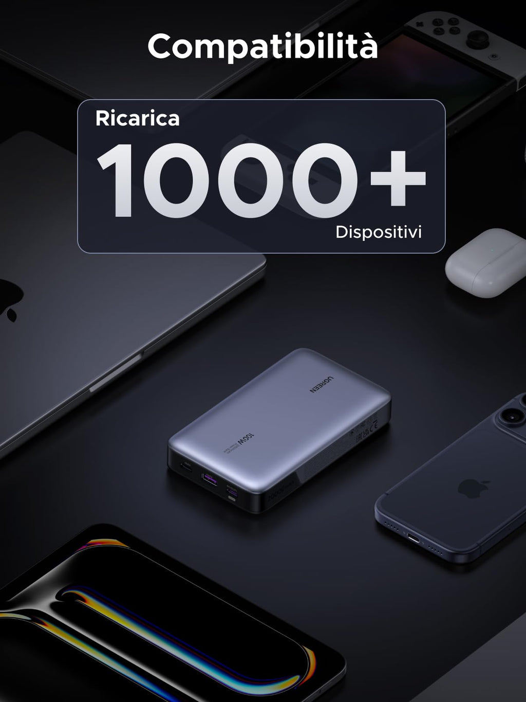 UGREEN Nexode 100W Power Bank 20000mAh, Caricatore Portatile con 3 Porte, Batteria Esterna con Display