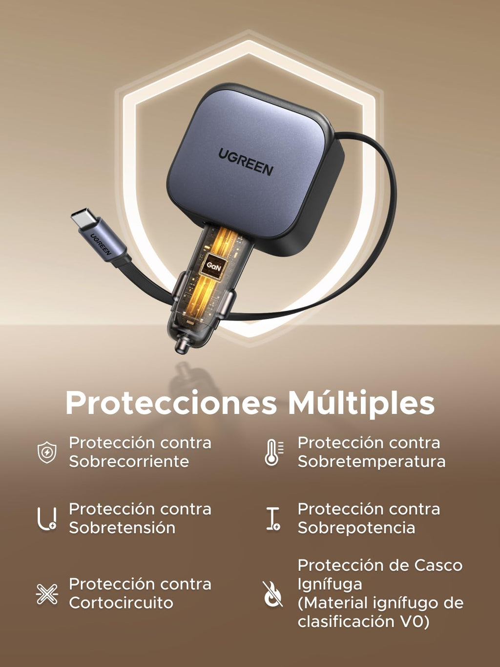 UGREEN 60W Cargador Coche Retráctil Carga Rápida con Cable Retractil