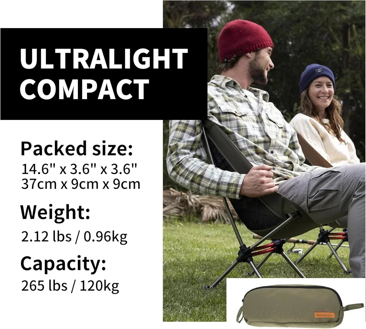 Ultralight Camping Chair 2.12 lbs Portable Backpacking Chair Folding Hiking Chair
