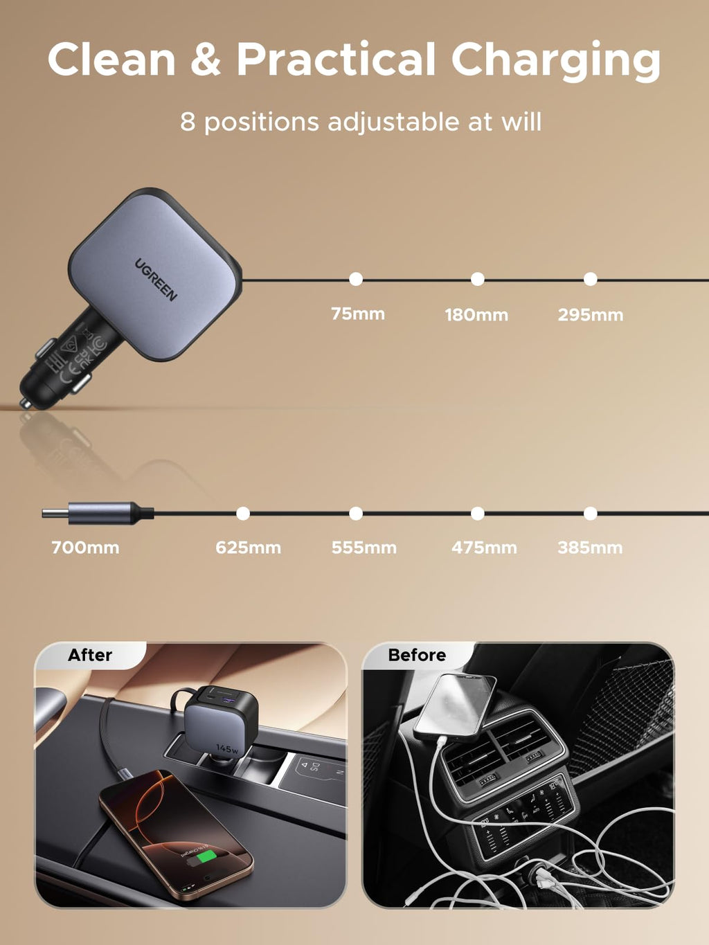 UGREEN Nexode Sạc Ô Tô 145W kèm Cáp USB-C Thu Gọn