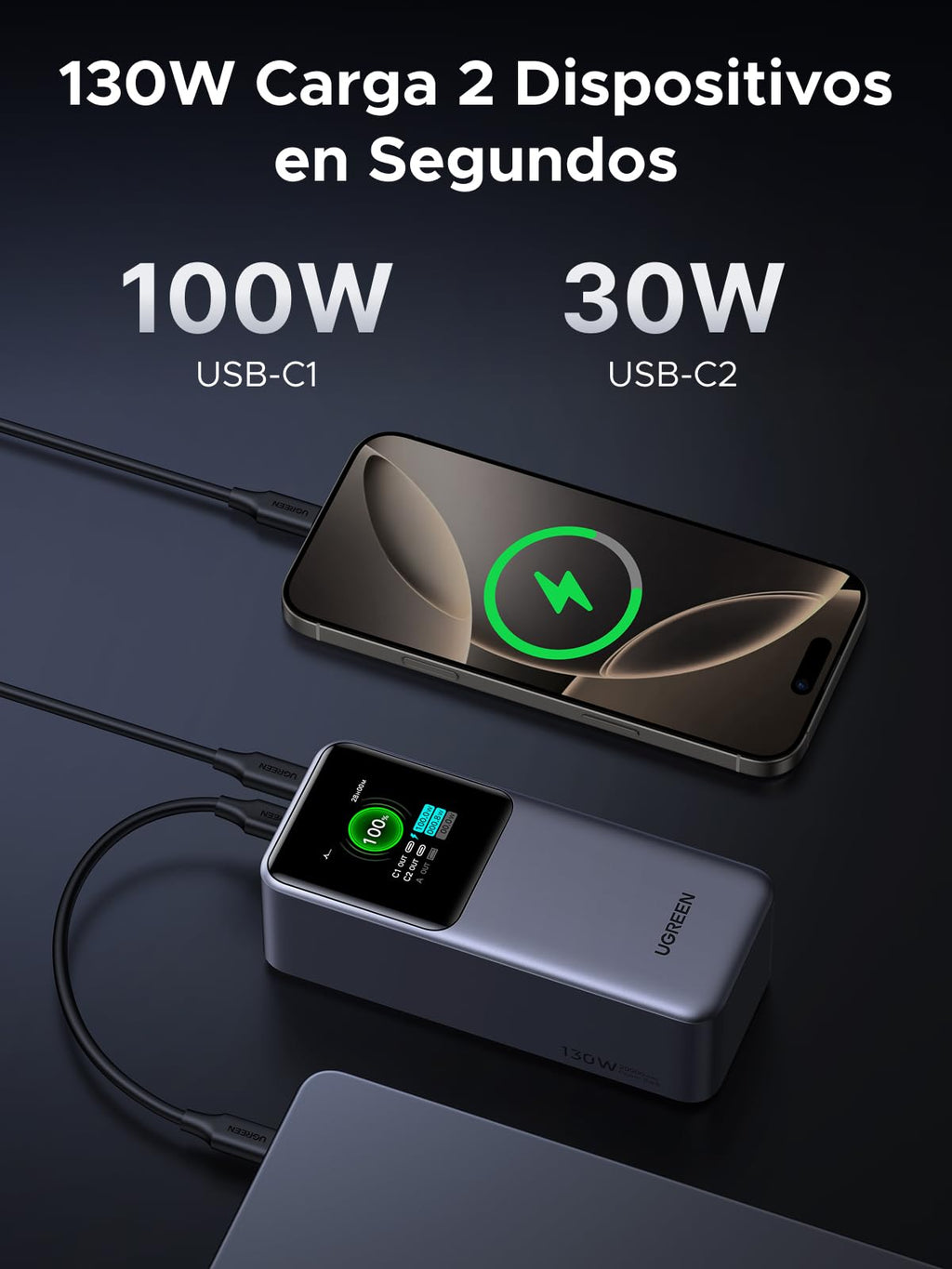 UGREEN Nexode Power Bank 20000mAh 130W, Cargador Portátil con 2 USB C y 1 Tipo A 