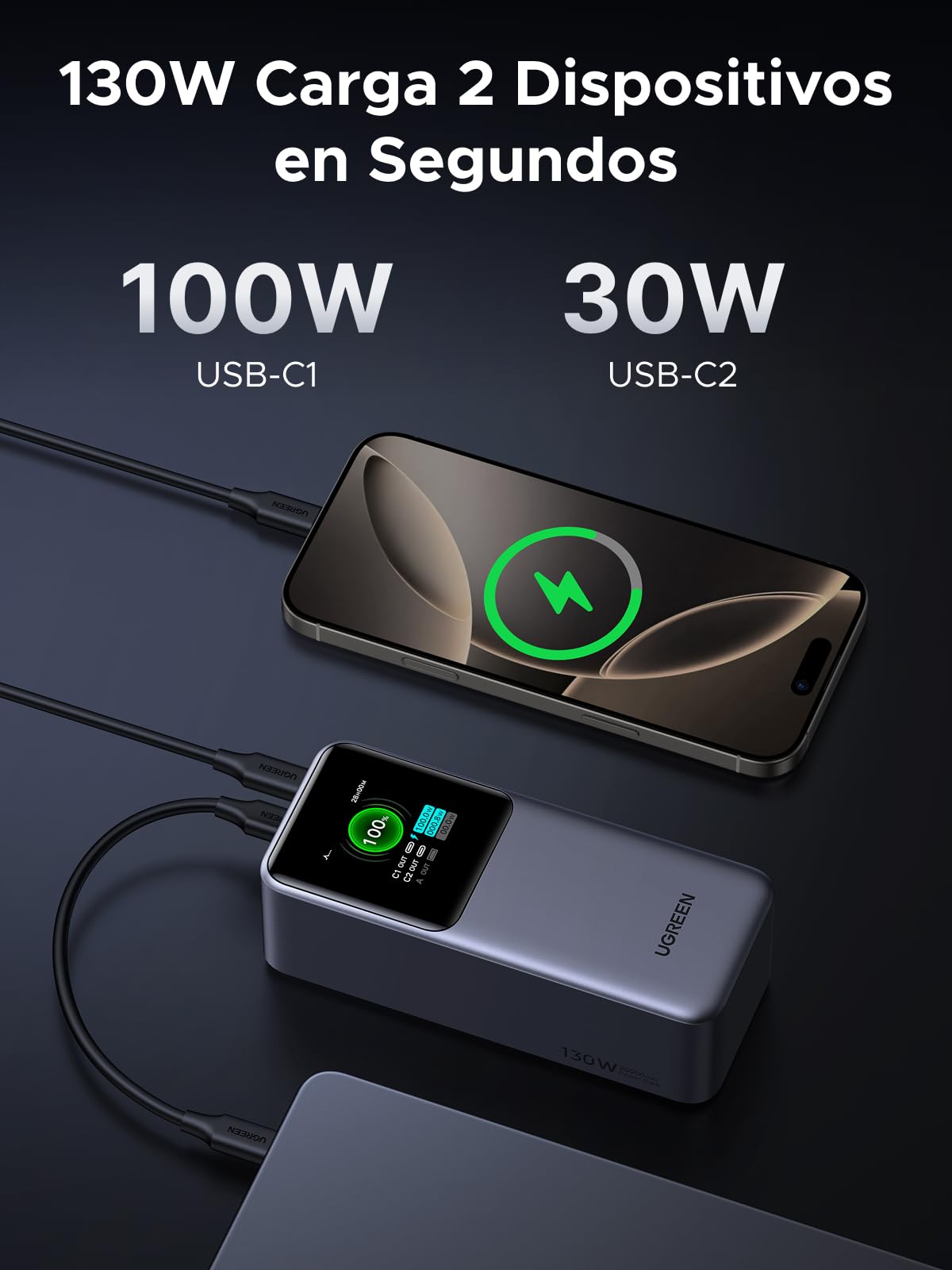 UGREEN Nexode Power Bank 20000mAh 130W, Cargador Portátil con 2 USB C y 1 Tipo A 