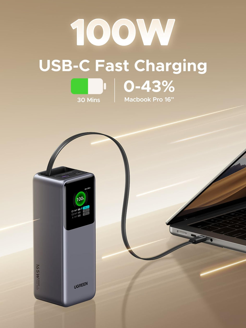 UGREEN Neoxde Pro 165W Power Bank 20000mAh with Built-in Retractable USB C Cable