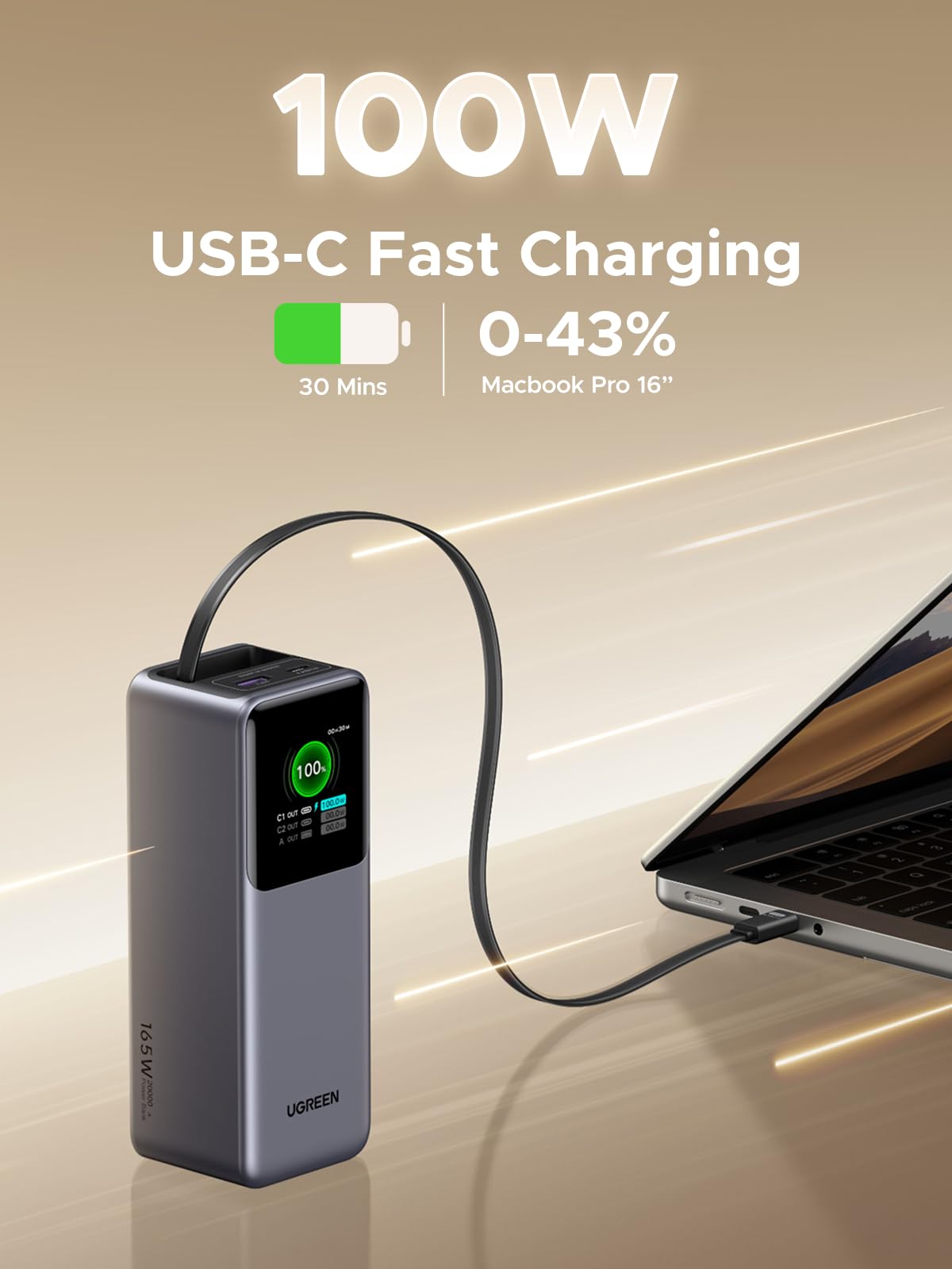 UGREEN Neoxde Pro 165W Power Bank 20000mAh with Built-in Retractable USB C Cable