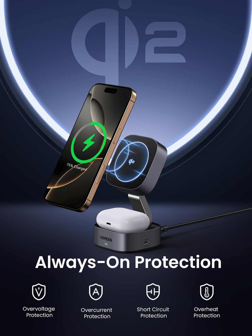 UGREEN MagFlow Qi2 15W 2-in-1 Wireless Charger