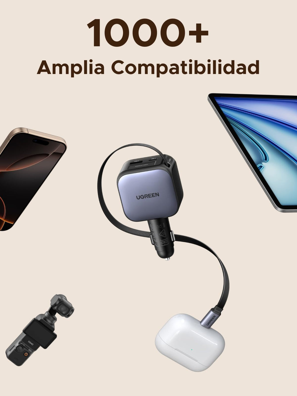UGREEN 60W Cargador Coche Retráctil Carga Rápida con Cable Retractil