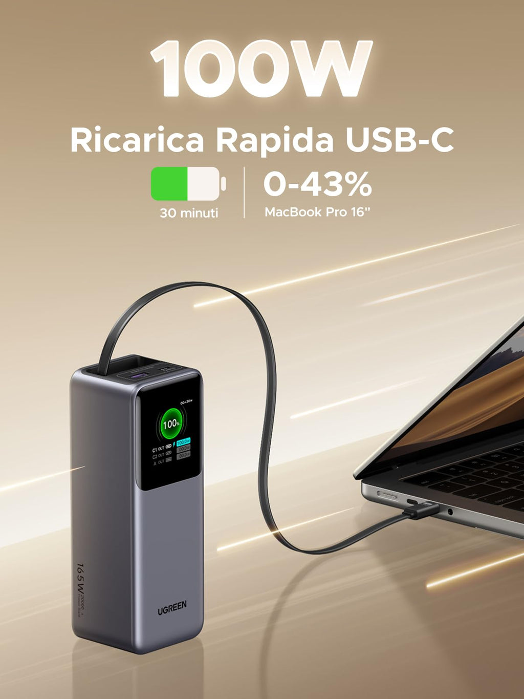 UGREEN Nexode Power Bank 20000mAh con Cavo Retrattile, Batteria Portabile Ricarica Rapida 165W