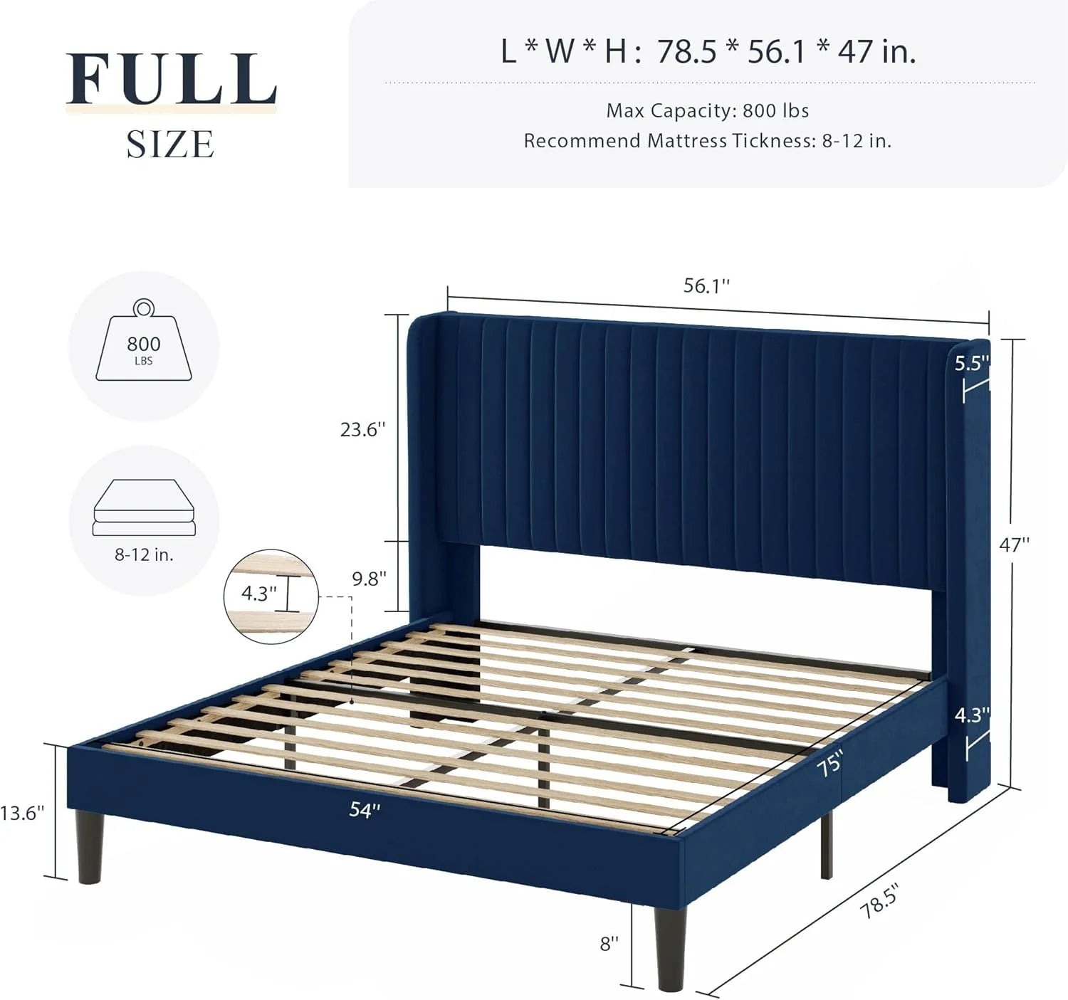 Allewie Full Size Velvet Bed Frame Vertical Channel Tufted Wingback Headboard Upholstered Bed