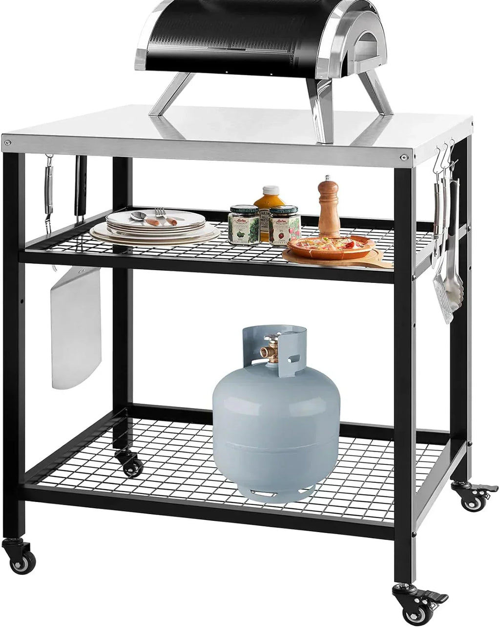 Stainless Steel Outdoor Grill Cart Pizza Oven Stand Trolley Table with Wheels Three-Shelf